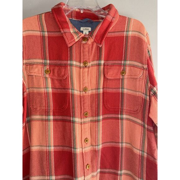 LL Bean Womens 1912 Overshirt Plaid Shacket Heavy Shirt Jacket Coral XL Petite - Picture 7 of 16